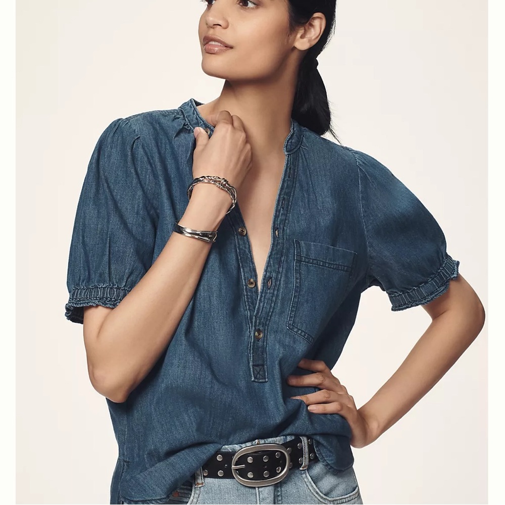 Anthropologie The Aly Denim Puff-Sleeve Blouse by Pilcro, Size SM